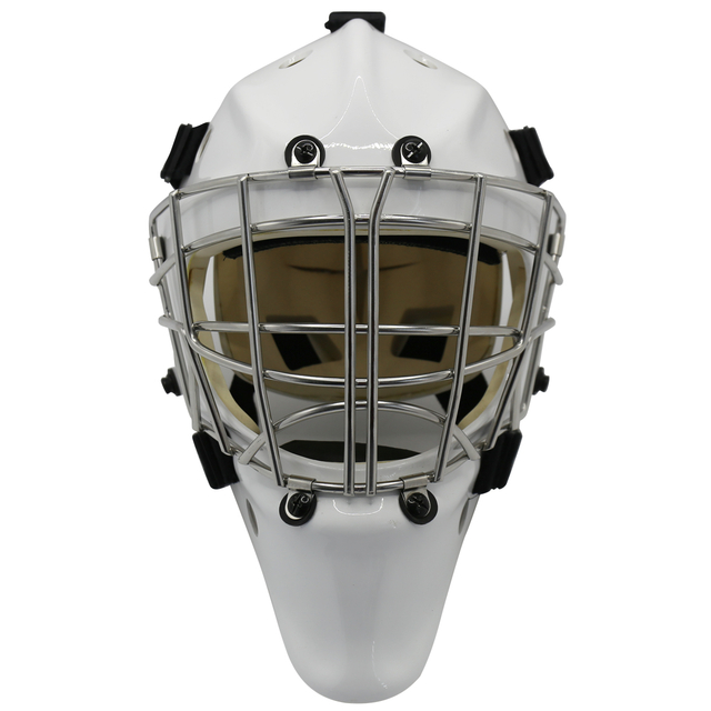 Белый стальной защитный шлем вратаря по хоккею с шайбой